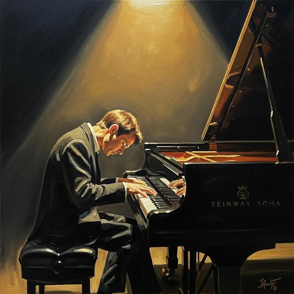A dramatic, emotional shot of a young person lost in the music they are creating at a grand piano. The room is dark, focusing all attention on the subject's intense concentration and the beautiful instrument. The lighting is theatrical, a single spotlight from above, creating deep shadows and highlighting the connection between the musician and their art. The mood is one of profound talent and solitude.
