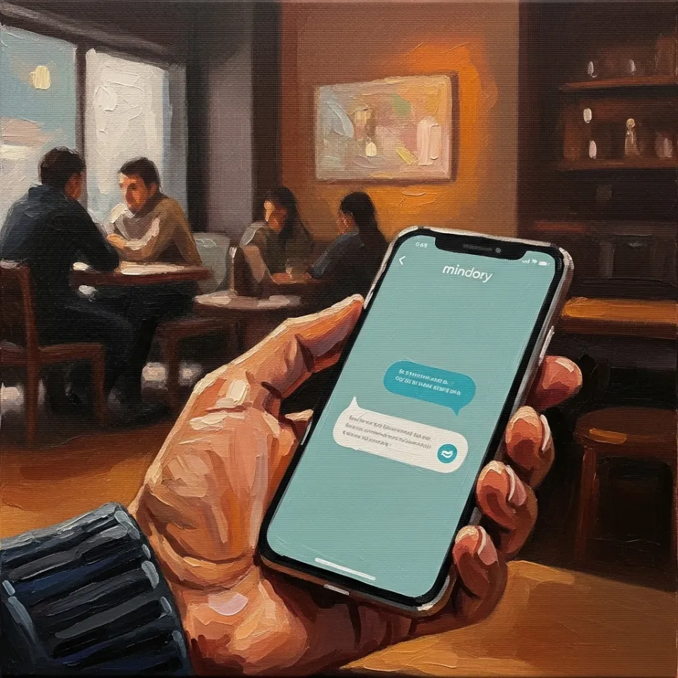 A warm, inviting photo focusing on a person's hand holding a smartphone. The screen displays the Mindory app, featuring a simple, calming design with an AI chat bubble. The background is slightly blurred but suggests a comfortable cafe with soft lighting and perhaps a coffee cup nearby. The image conveys a sense of personal, accessible support in an everyday environment.