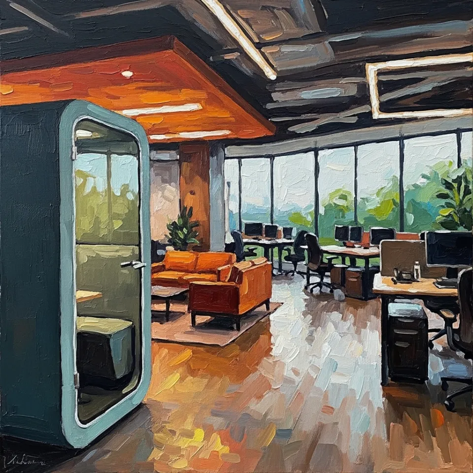 A wide shot of a bright, airy, and modern office designed for flexibility. In the foreground, there's a cozy, sound-proofed pod for focused work. In the mid-ground, a comfortable lounge area for informal meetings, and in the background, standing desks near a large window overlooking a green space. The image communicates choice, comfort, and an environment built for diverse human needs.