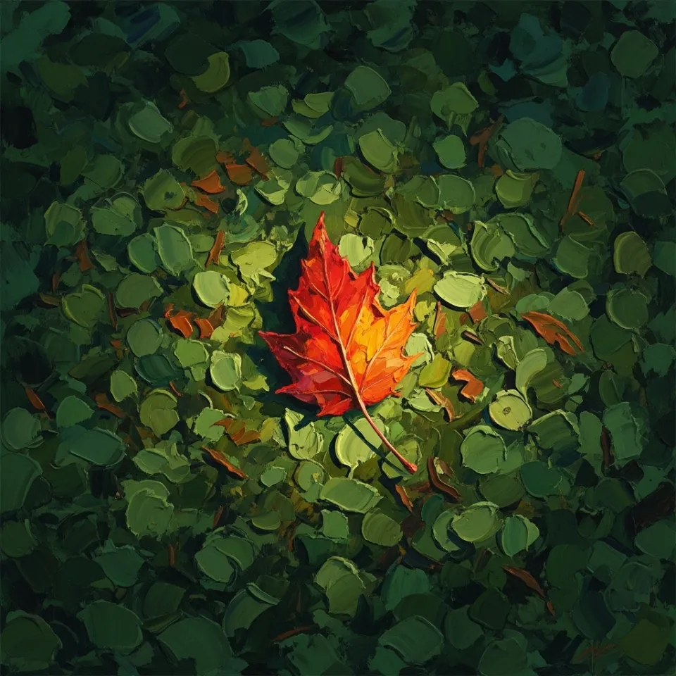 A cinematic, top-down shot of a forest floor covered in uniform green leaves. In the center, a single, vibrant autumn leaf in shades of fiery red and orange lies illuminated by a sharp, focused beam of sunlight breaking through the canopy. The surrounding leaves are in soft focus, drawing all attention to the unique leaf's color and texture.