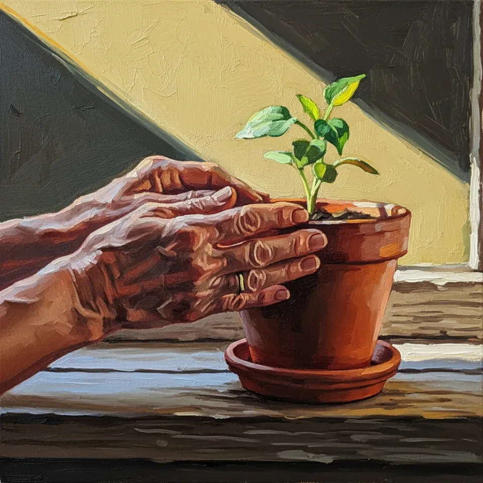 A close-up shot of a pair of hands gently adjusting the soil around a small, vibrant green seedling in a terracotta pot. The pot sits on a wooden windowsill, and soft, warm morning light streams through the window, creating a serene and nurturing atmosphere. The background is slightly blurred, focusing on the act of care.