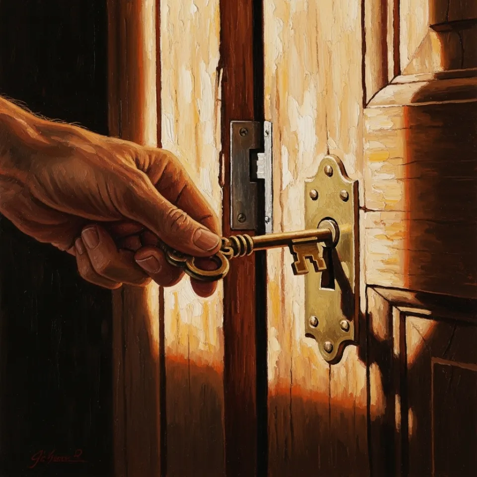 A dramatic close-up of a person's hand turning an old, ornate brass key in the keyhole of a dark wooden door. The door is already cracked open an inch, and a brilliant, warm, and inviting golden light is spilling out from the gap, illuminating the hand and key. The focus is on the act of unlocking, but the light suggests the real work is what happens inside.