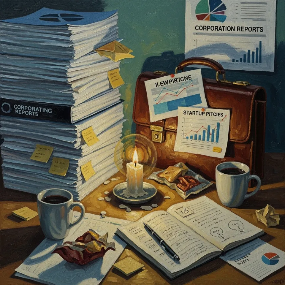 A cluttered desk in a dimly lit office, scattered with corporate reports and startup pitches, but in the center, a single flickering candle casting long shadows, symbolizing the search for deeper meaning amid routine business chaos.