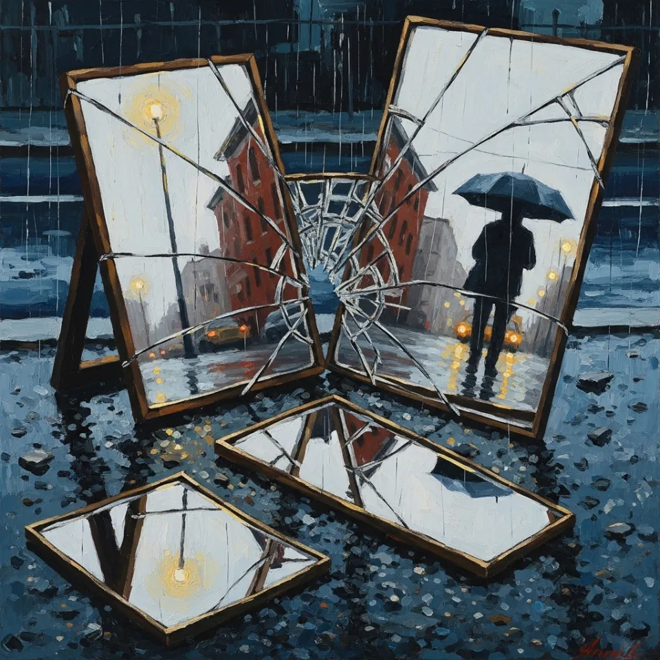 A shattered mirror on the ground reflecting distorted fragments of a rainy street scene, symbolizing broken preconceptions and emerging clarity amid urban solitude.