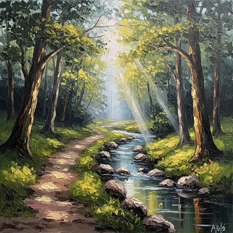 A calm forest path winding through dense trees, sunlight filtering through leaves onto a small stream, evoking serenity and the gentle guidance of personalized stress relief in nature's embrace.