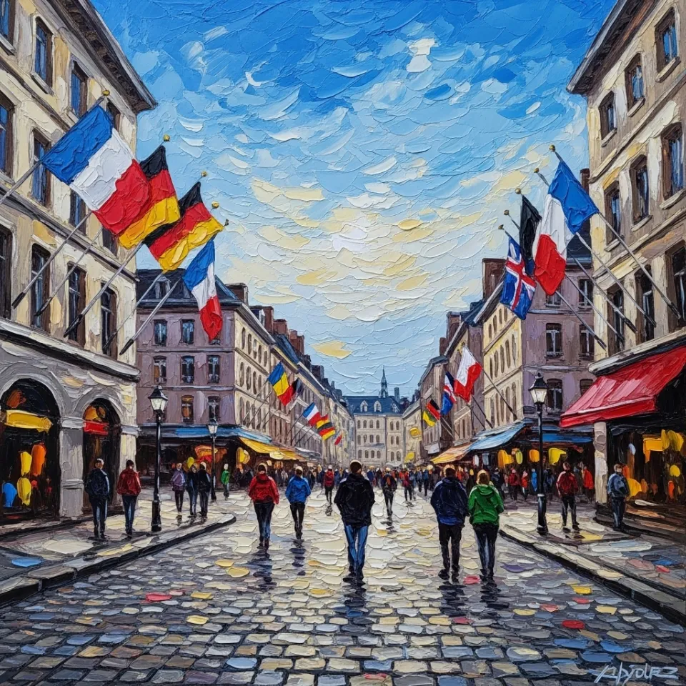 A bustling European crossroads with cobblestone streets converging, flags of multiple nations fluttering in the wind, under a bright blue sky, capturing the energy of connection and opportunity in a compact, diverse hub.
