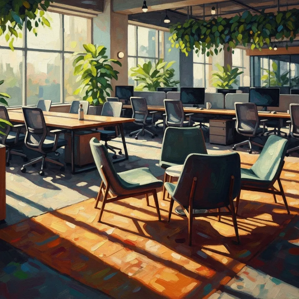 A sunlit open office space with diverse workstations scattered amid green plants and natural light, empty chairs arranged in welcoming circles, radiating warmth and adaptability for varied ways of working.