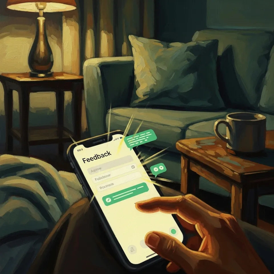 Close-up on a smartphone screen showing a user feedback form or a chat interface. The surrounding environment is cozy and personal, perhaps a soft-lit living room, emphasizing the human-centric approach to technology development. The focus is on the act of communication and connection.