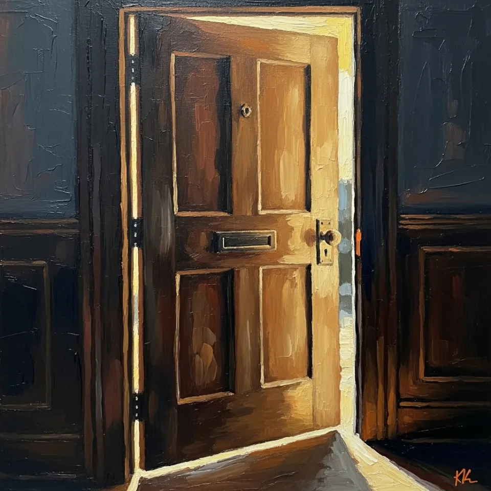 A slightly ajar, heavy wooden door, with warm, inviting light spilling out from the inside into a darker hallway. The perspective is from the outside looking in, symbolizing the step from being merely allowed in to being truly welcomed and supported.