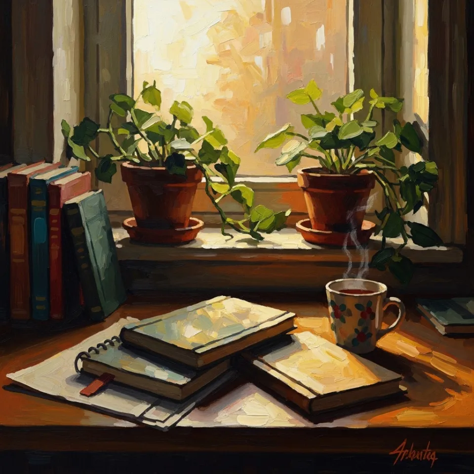 A cozy, sunlit workspace with a few scattered notebooks, a cup of tea, and lush green plants warming the windowsill, evoking a feeling of calm and the possibility of focused creativity in a safe environment.