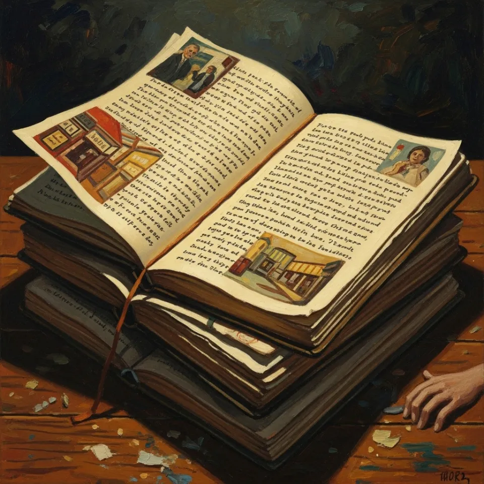 A stack of well-worn notebooks open to densely handwritten pages, with highlighted sections and quick sketches at the margins, capturing the chaotic energy of listening deeply to real-world stories.