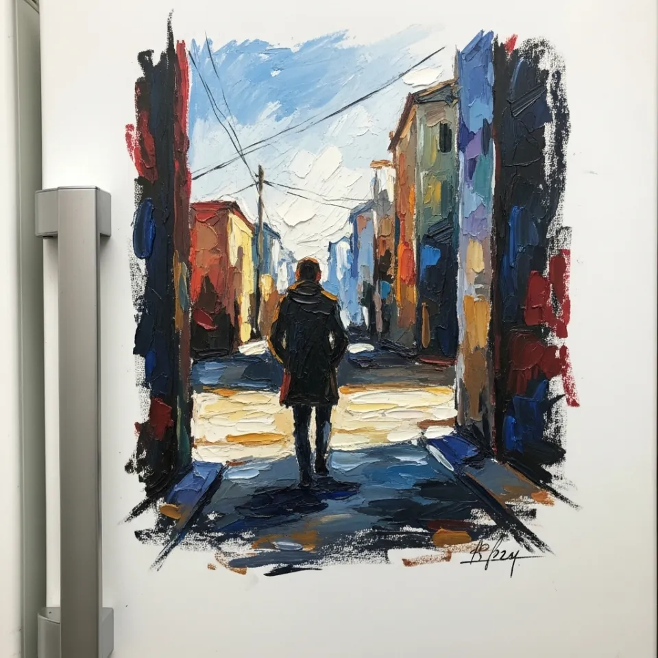 A crayon drawing bursting with color hangs proudly on a family fridge, standing out against the blankness of the white door, signaling untapped creativity waiting to be seen.