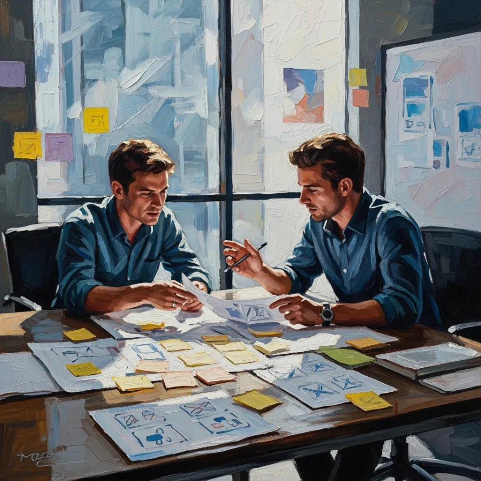 In a bright, glass-walled office, two collaborators sit with paper prototypes and sticky notes scattered on the table, intently discussing new ideas. The energy is dynamic—iteration in action.