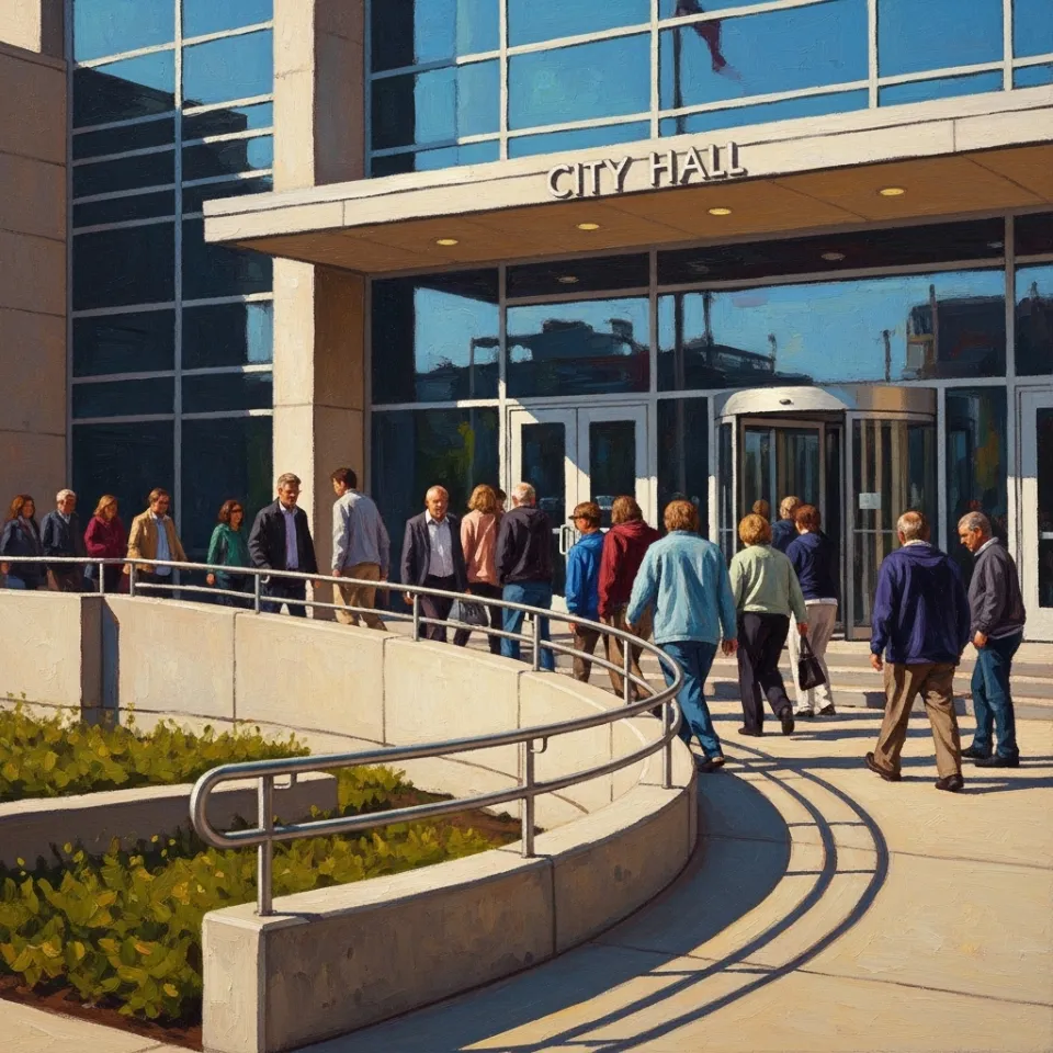 A modern city hall entrance with an accessible ramp in the foreground and a diverse mix of adults, some with visible disabilities, entering together—a visual of policy turning into reality.