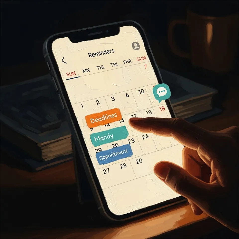 A hand navigates a bright mobile calendar interface, with color-coded reminders and a small chat widget glowing in the corner, signaling dynamic, personalized interaction.
