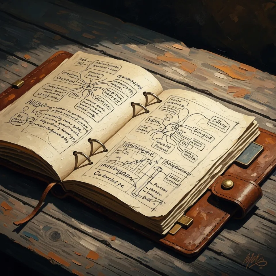 A vintage leather-bound notebook lies open on a rustic wooden table. The pages are filled with dense, passionate handwriting, mind maps, and small, intricate sketches. The lighting is soft and warm, highlighting the texture of the paper and the ink, suggesting countless hours of listening and deep thought.