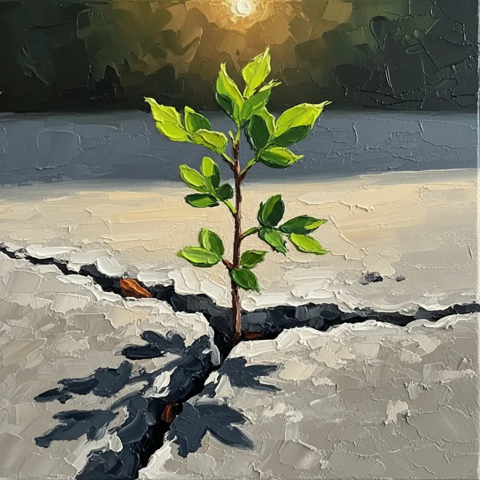 A macro shot focuses on a small, vibrant green sapling pushing its way through a narrow crack in a grey concrete sidewalk. The surrounding pavement is blurred, putting all the emphasis on the plant's tenacity and life. The image conveys a sense of quiet strength, organic growth, and resilience in an unexpected environment.