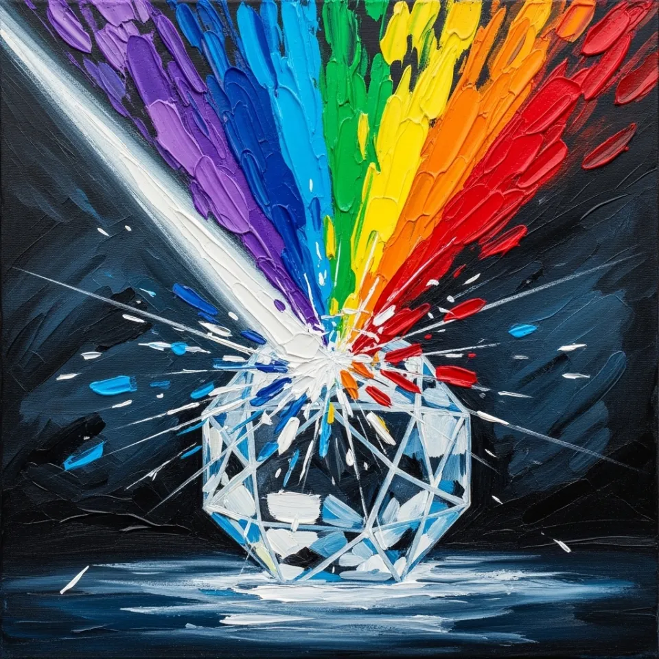 A beam of pure white light enters a multifaceted, clear crystal hanging in darkness. As the light passes through, it explodes into a brilliant, vivid spectrum of distinct colors, each one sharp and beautiful, projecting onto the dark background. The image is a metaphor for a single source creating diverse, valuable outcomes.