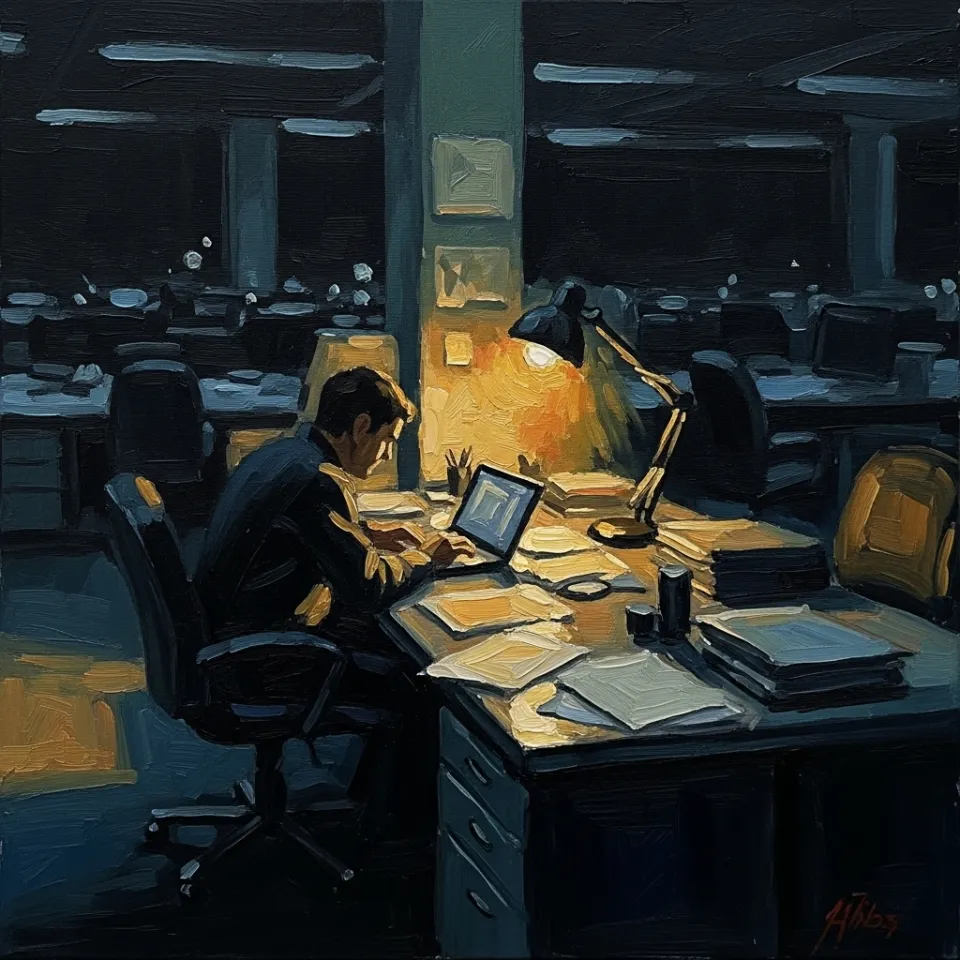 A dramatic top-down view of a single person working late at night in a large, otherwise dark office. A warm pool of light from one desk lamp illuminates scattered papers and a laptop. The surrounding emptiness emphasizes the scale of the challenge and the isolation of the work.