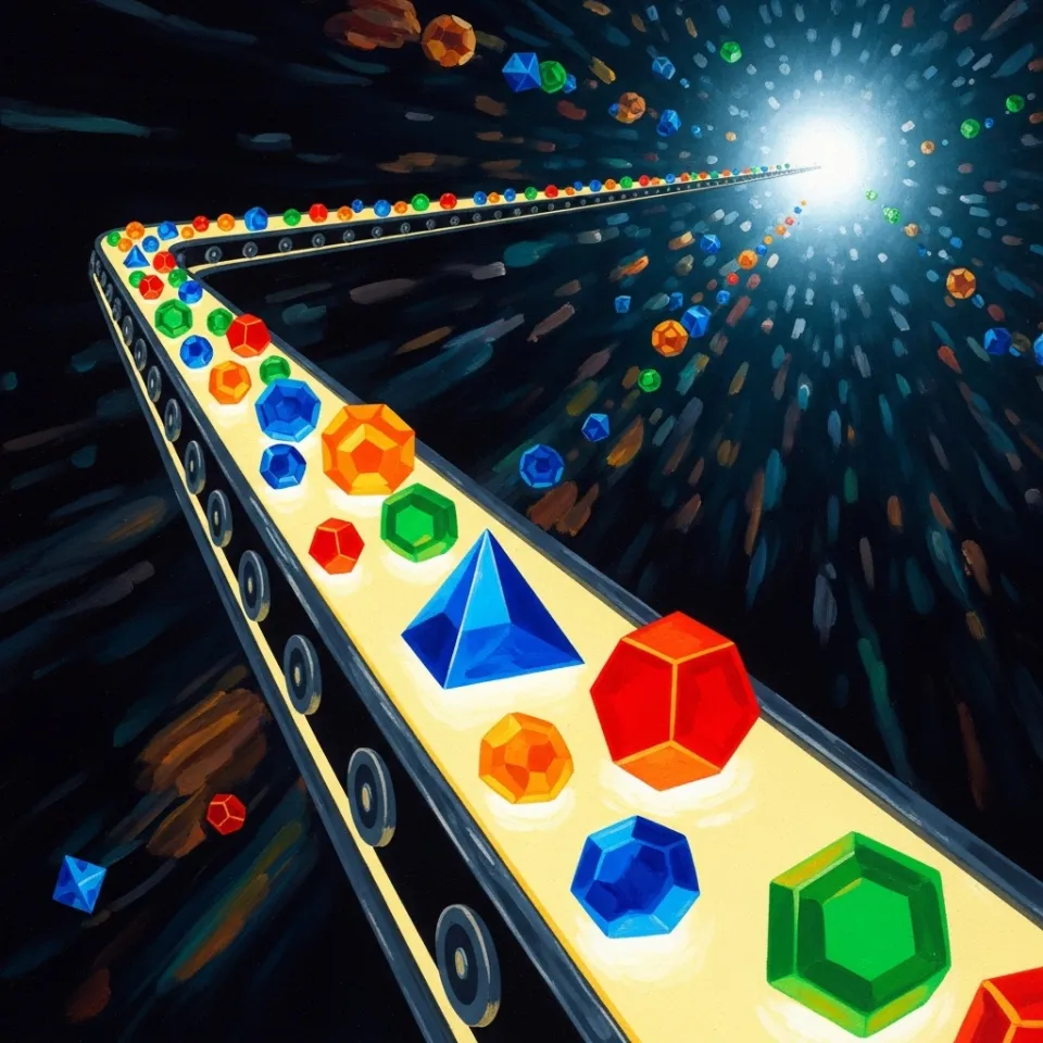 An abstract, artistic image of a glowing, futuristic conveyor belt moving through a dark space. Instead of packages, it carries luminous, geometric shapes of various colors. The belt moves towards a brilliant source of light in the distance, symbolizing revenue and growth.