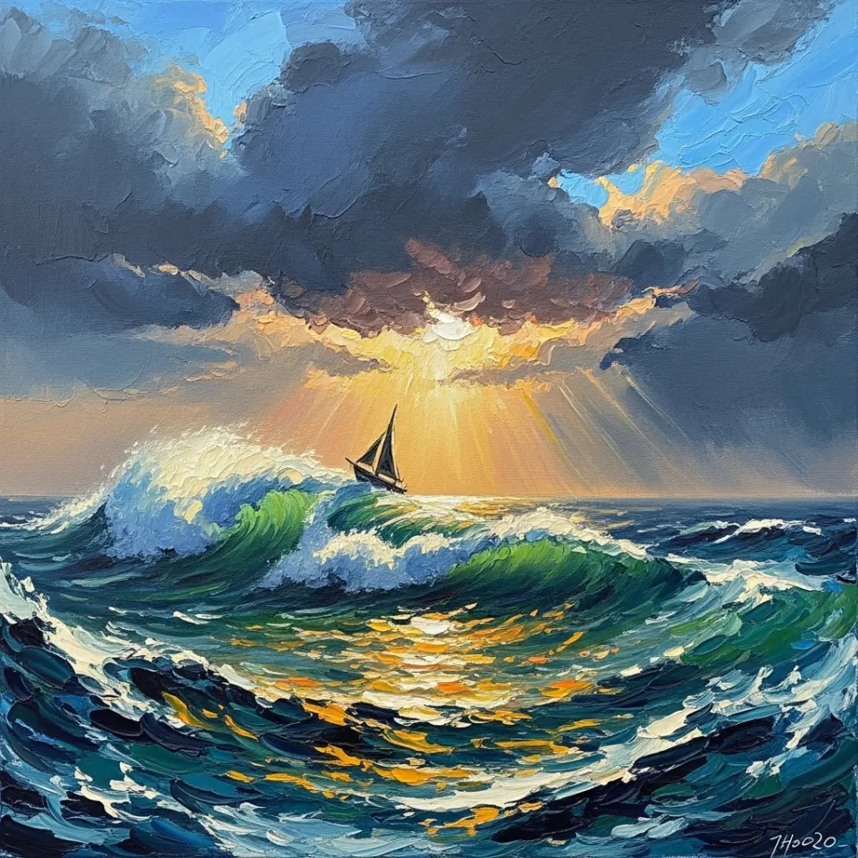 A dramatic, wide-angle shot of a single, small sailboat cresting a large wave in a stormy, tumultuous sea. The sky is dark with clouds, but a powerful beam of sunlight breaks through, illuminating a path forward for the boat on the turbulent water.