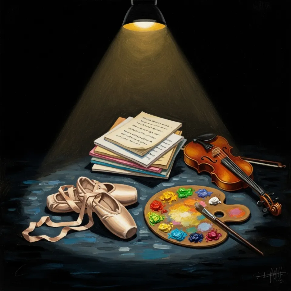 A dramatic overhead shot of a dark stage. A single, warm spotlight shines down, illuminating a collection of artistic tools left in a circle: a pair of worn ballet slippers, a stack of colorful scripts, a palette with drying oil paints, and a violin resting on its side. The scene is quiet and full of potential.