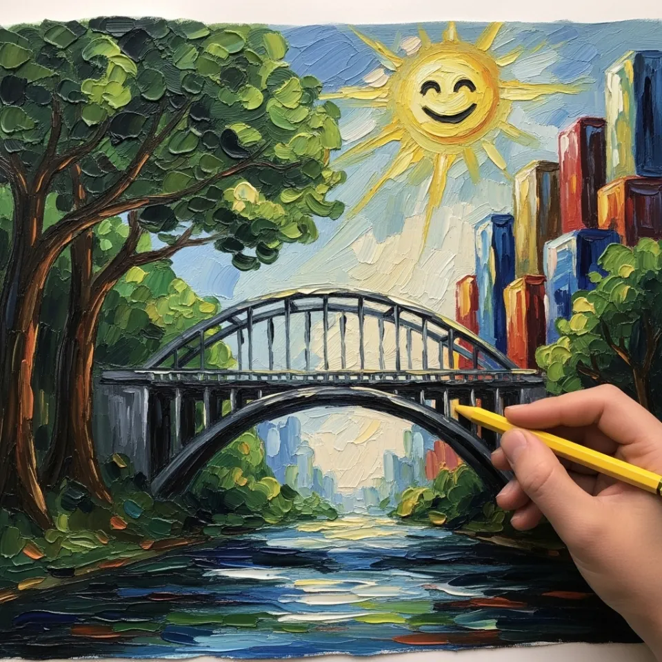 A close-up shot of a child's hand holding a bright yellow crayon, drawing a bold, arched bridge on a large sheet of paper. The bridge connects a stylized, leafy green forest on one side with a bustling, colorful cityscape on the other, all under a smiling sun.