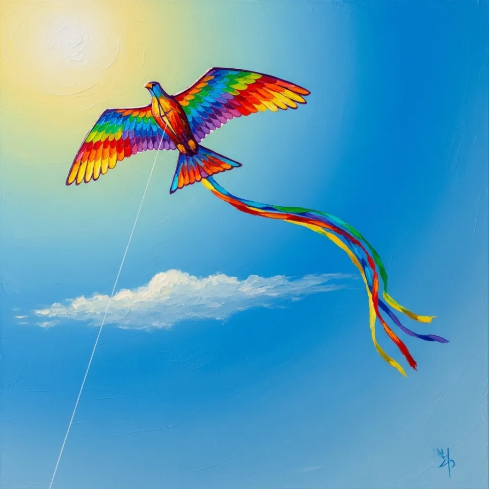 A low-angle shot looking up at a vast, clear blue sky. A single, beautifully crafted kite, shaped like a bird with rainbow-colored wings, soars high and free. Its long tail, decorated with fluttering ribbons, dances in the wind. The image evokes a feeling of freedom, joy, and boundless possibility.